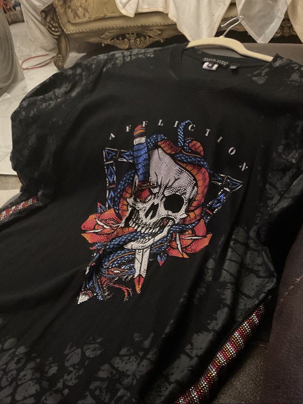 Affliction Black Skull & Snake Graphic Tee with Red and Blue Accents